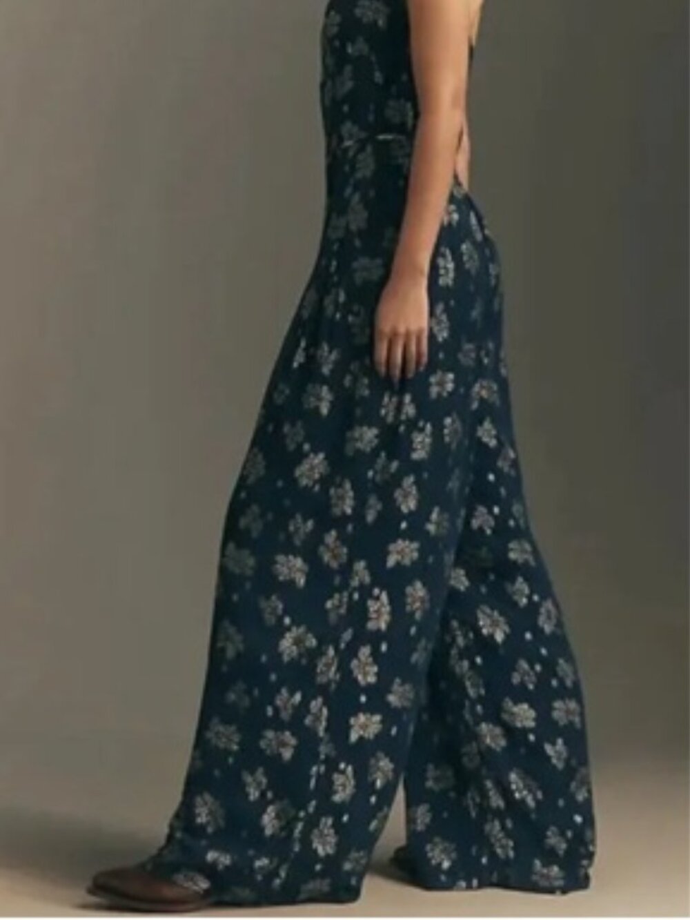 NWT Anthropologie Strapless Shine Wide-Leg Jumpsuit Navy Gold Floral Size 16 - Picture 5 of 12